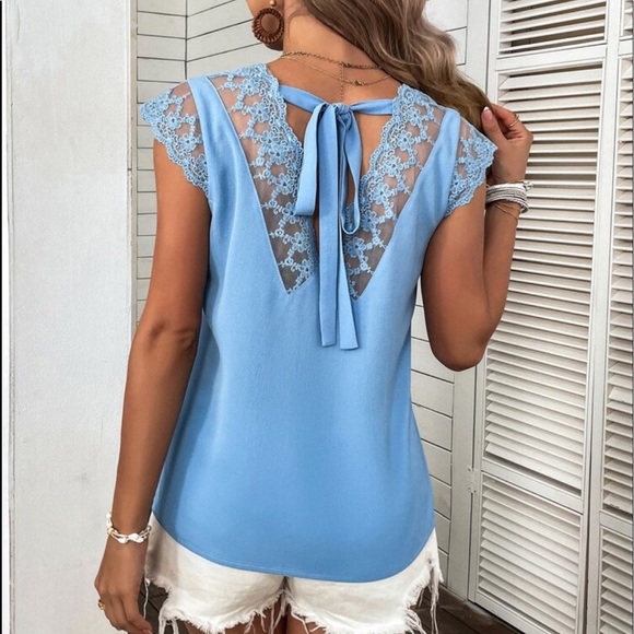 Boho Lace Mesh Sheer Tie Back Cap Sleeve Top Blouse Blue - Picture 2 of 14